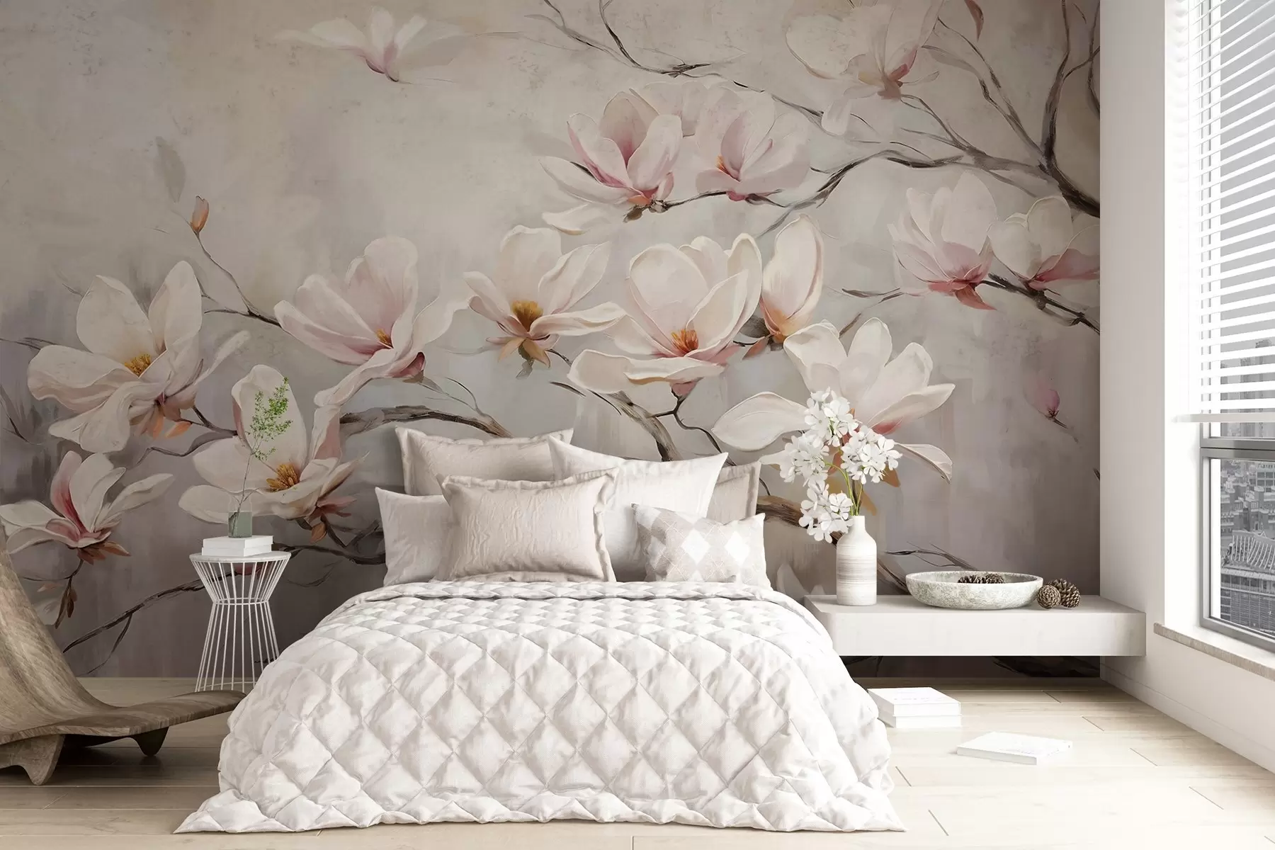wall murals Delicate pink magnolia flowers blooming on bare tree branches against a soft, hazy background w08589