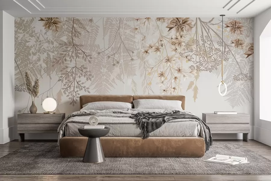 wall murals Delicate floral branches and grass with white, gray and beige flowers cascading down a light background w08598