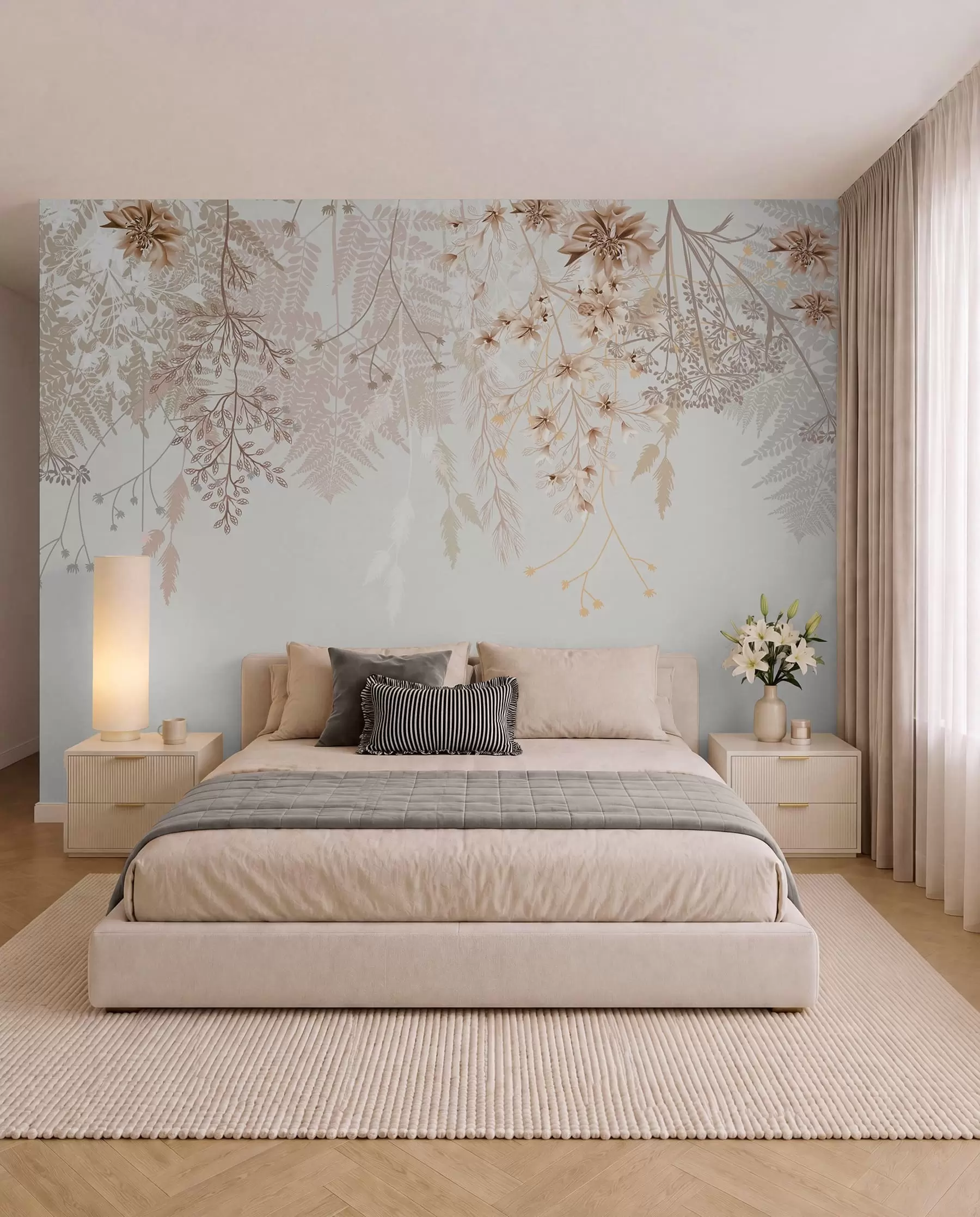 wall murals Delicate floral branches and grass with white, gray and beige flowers cascading down a light background w08598