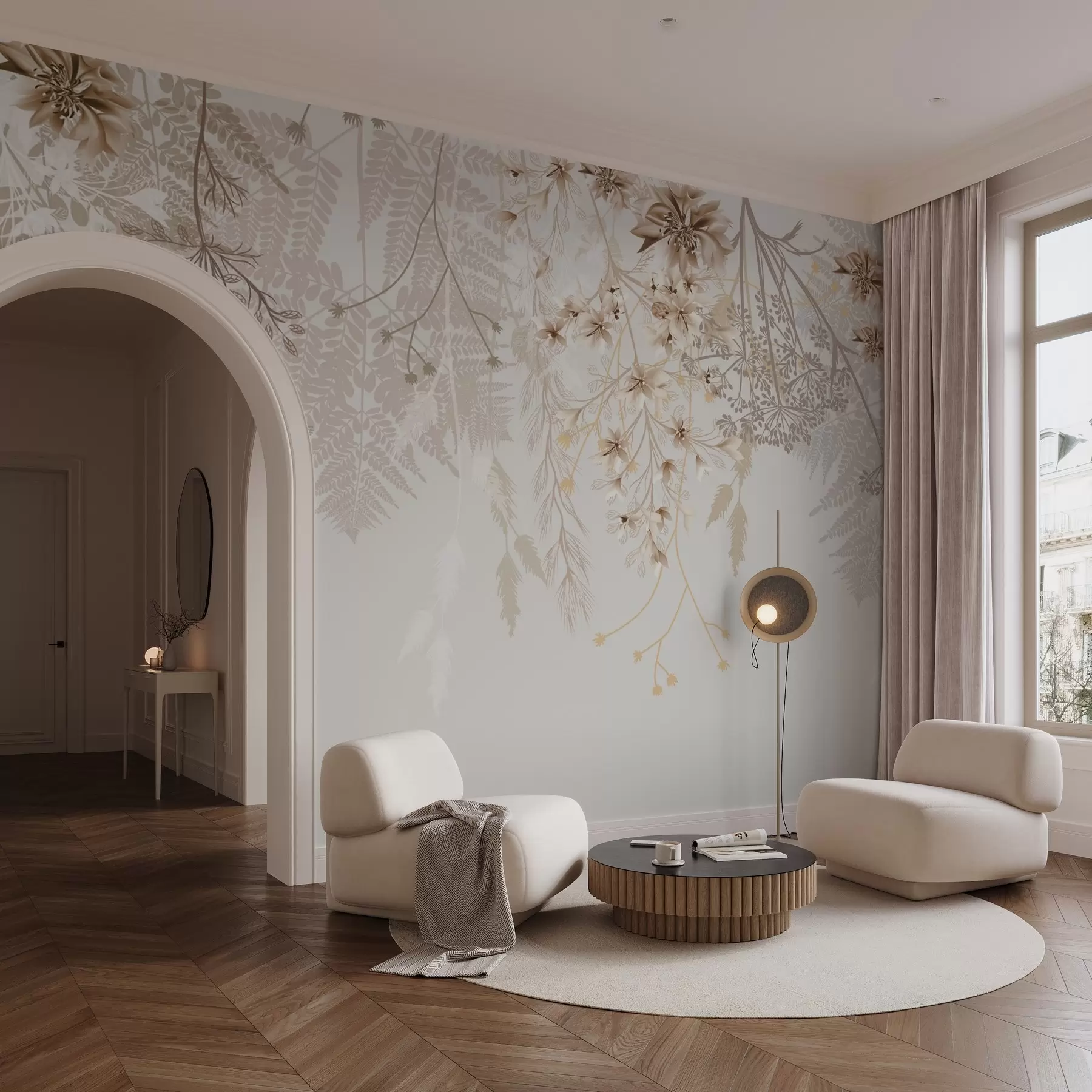wall murals Delicate floral branches and grass with white, gray and beige flowers cascading down a light background w08598