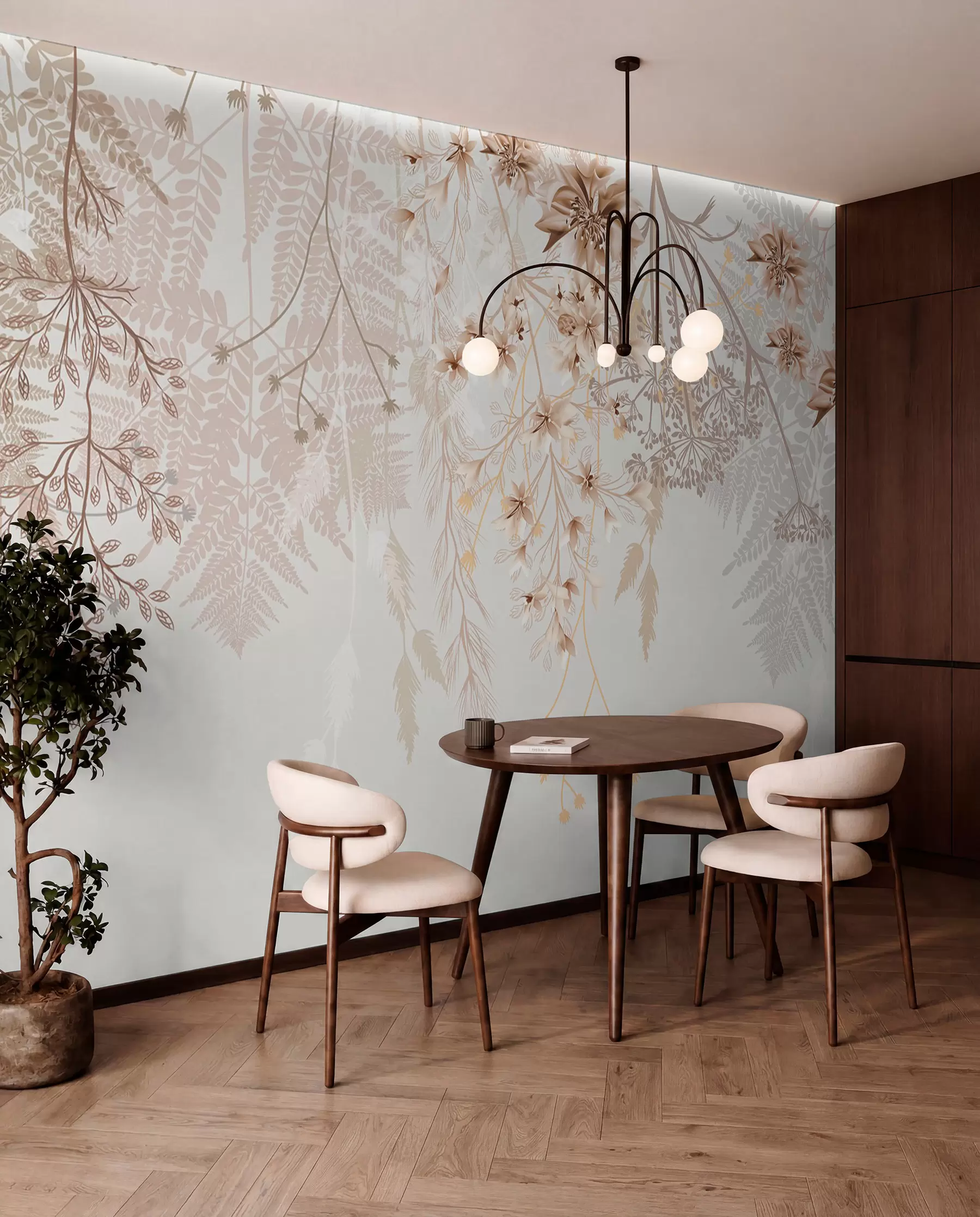 wall murals Delicate floral branches and grass with white, gray and beige flowers cascading down a light background w08598