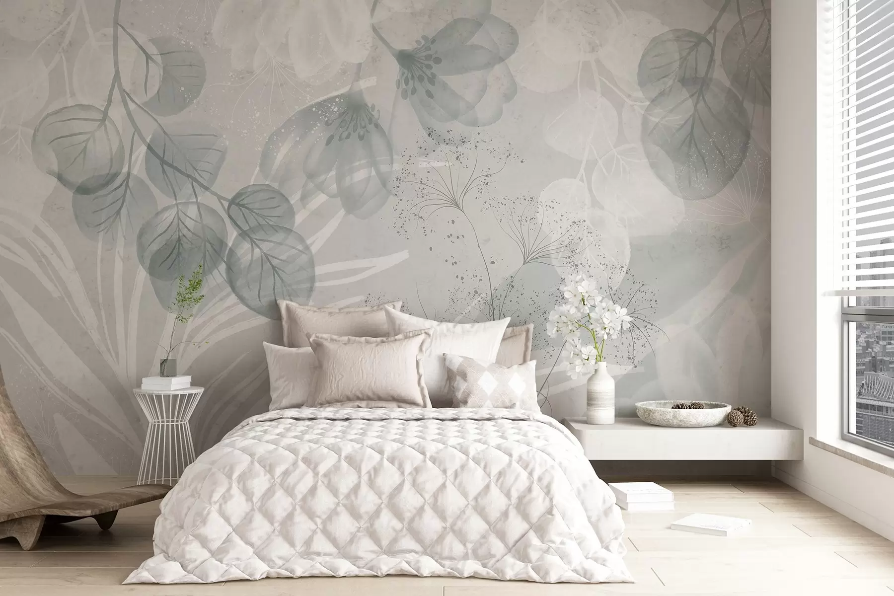 wall murals Floral eucaliptus elements in shades of blue and white with overlapping leaves and petals in a minimalist style w08599