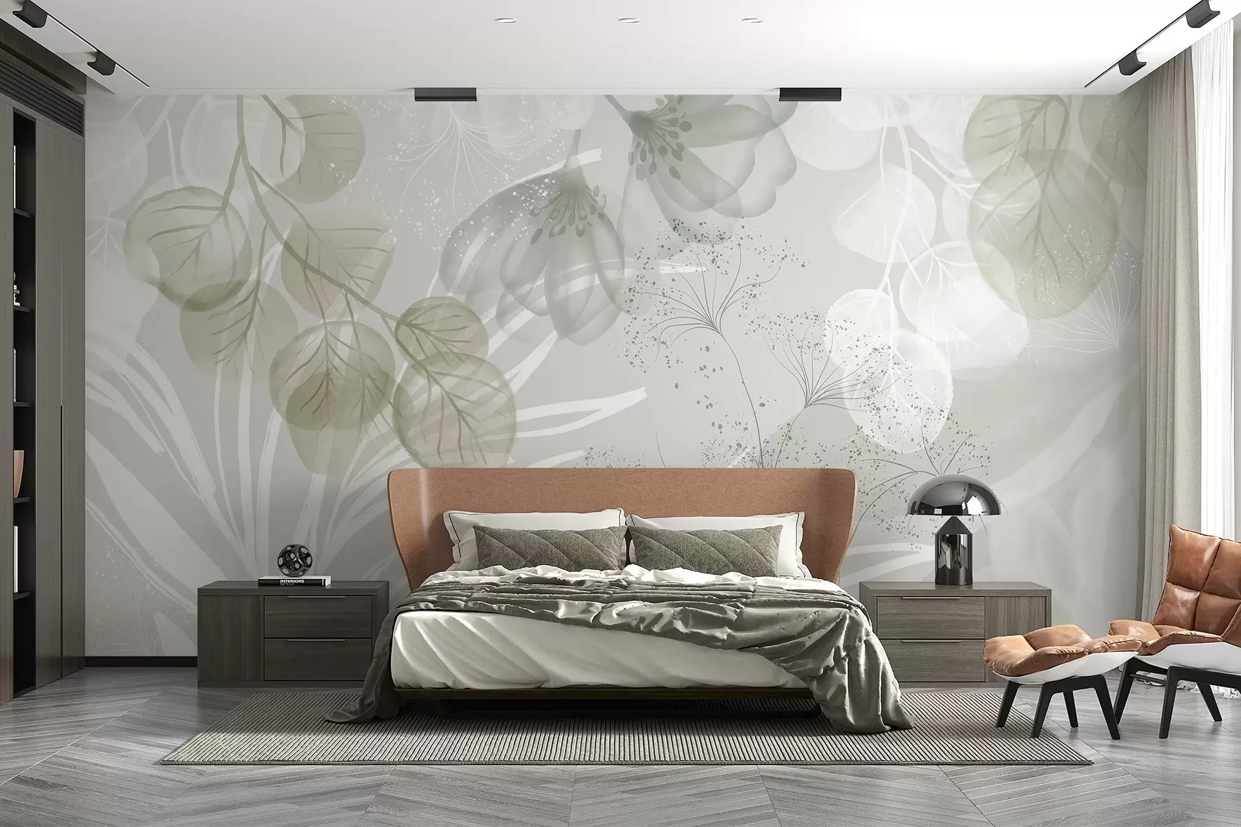 wall murals Floral eucaliptus elements in shades of green and white with overlapping leaves and petals in a minimalist style w08599v1
