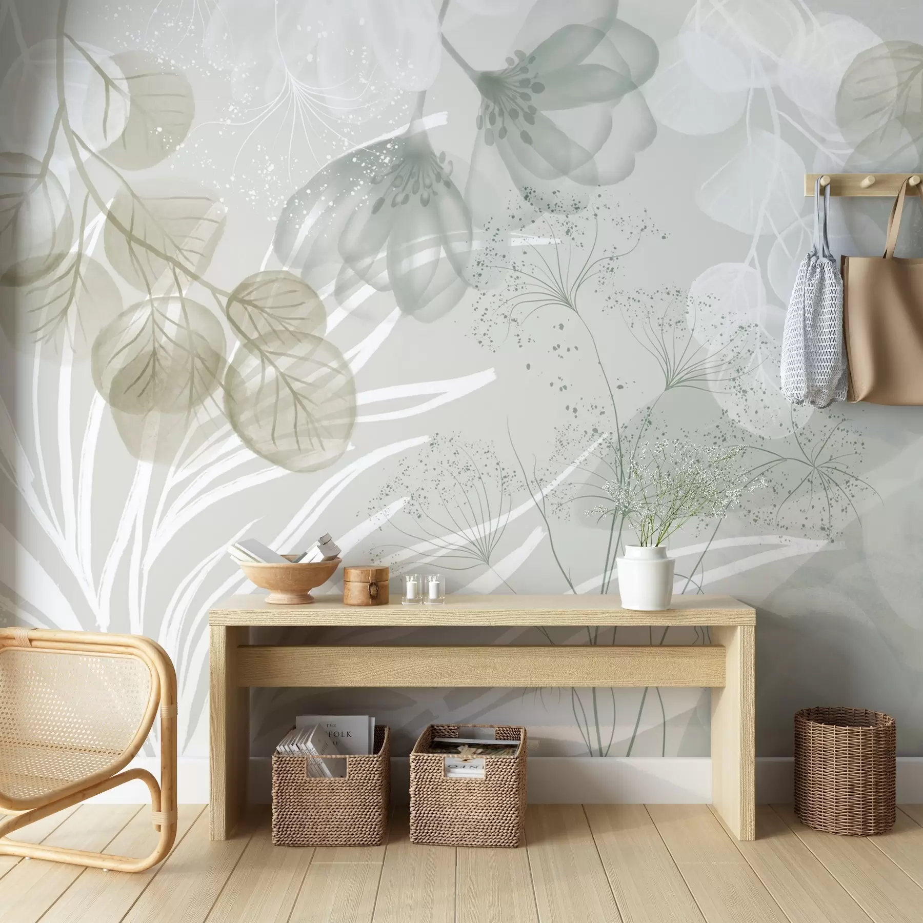 wall murals Floral eucaliptus elements in shades of green and white with overlapping leaves and petals in a minimalist style w08599v1