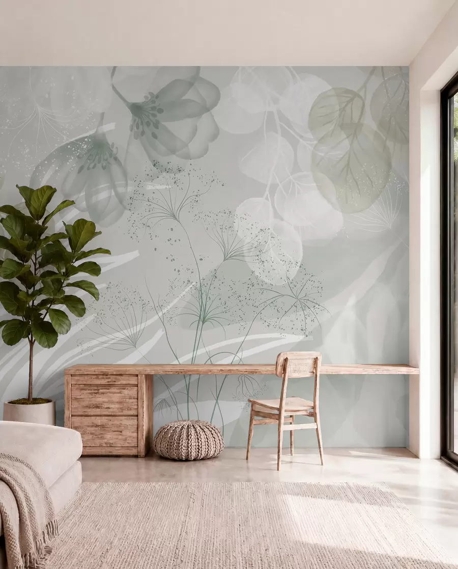 wall murals Floral eucaliptus elements in shades of green and white with overlapping leaves and petals in a minimalist style w08599v1