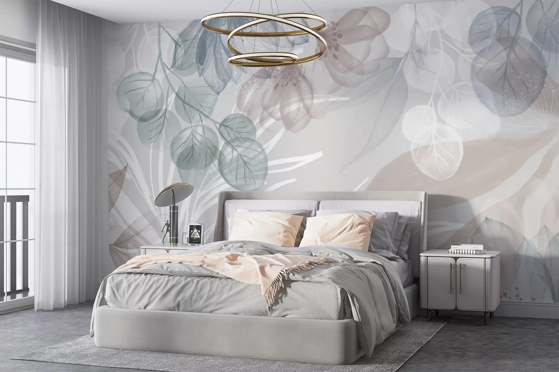 wall murals Pastel-colored floral print with transparent large abstract flowers and leaves in shades of gray, pink, and green w08600
