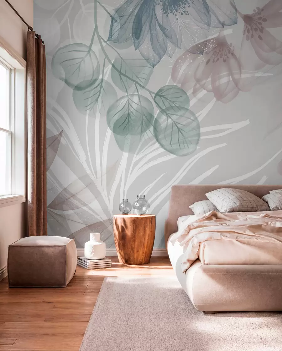wall murals Pastel-colored floral print with transparent large abstract flowers and leaves in shades of gray, pink, and green w08600