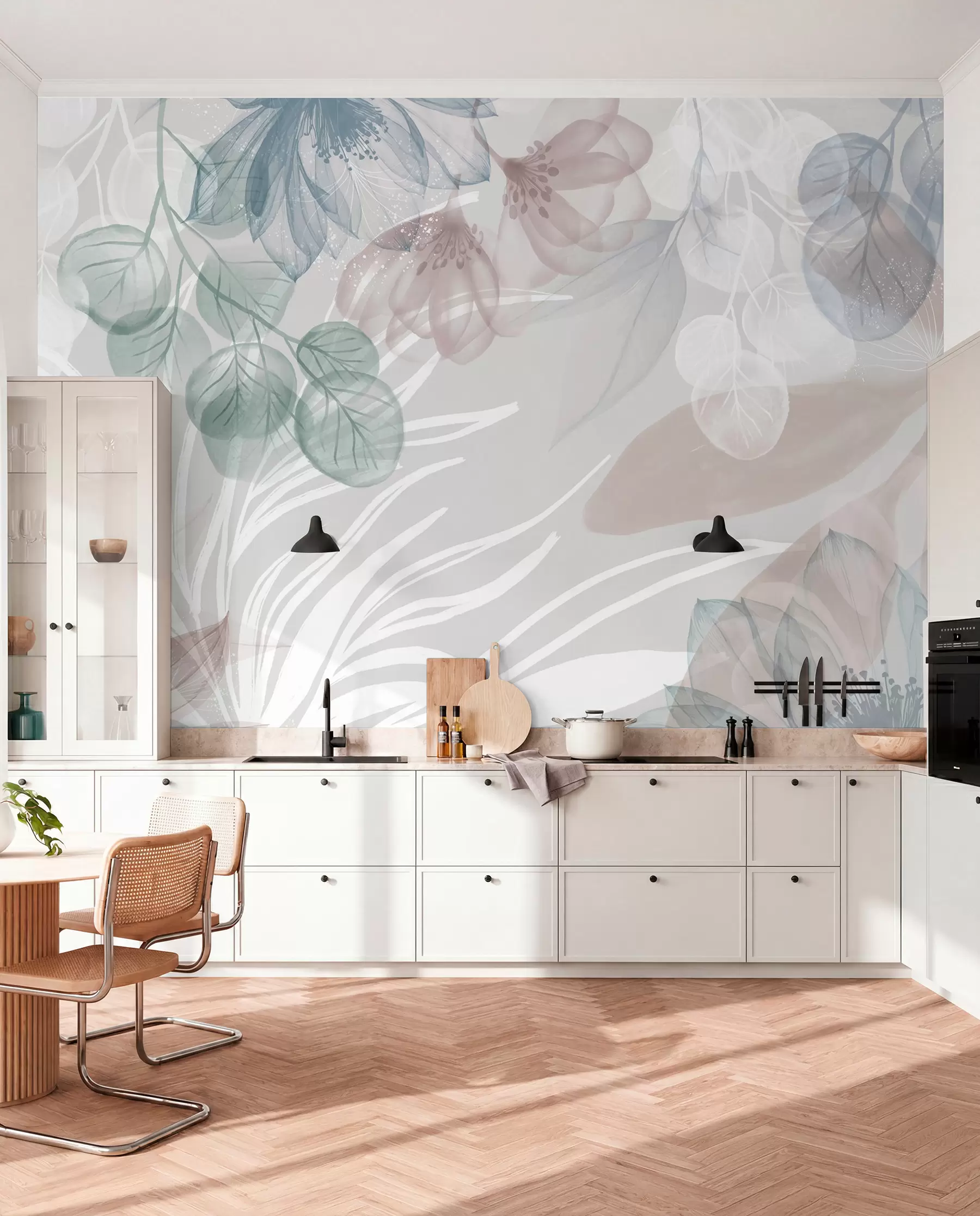 wall murals Pastel-colored floral print with transparent large abstract flowers and leaves in shades of gray, pink, and green w08600
