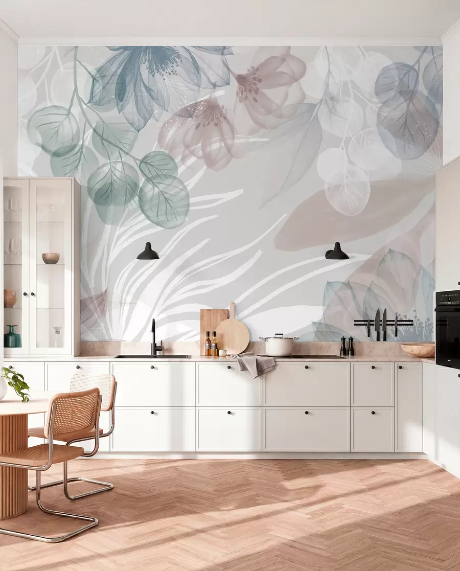 wall murals Pastel-colored floral print with transparent large abstract flowers and leaves in shades of gray, pink, and green w08600