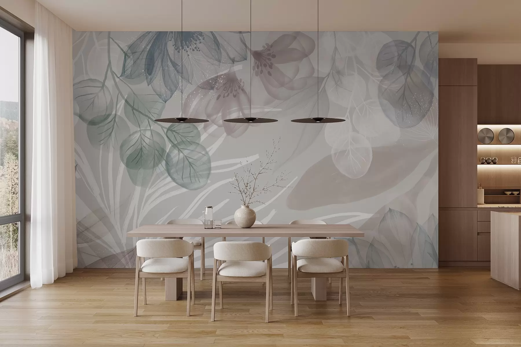 wall murals Pastel-colored floral print with transparent large abstract flowers and leaves in shades of gray, pink, and green w08600