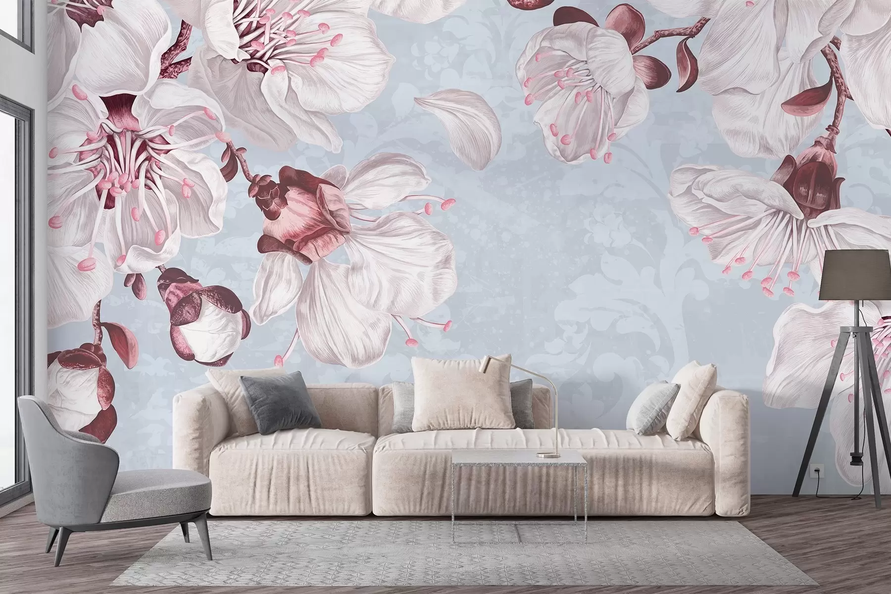 wall murals A floral print with large pink and white cherry blooming flowers against a light blue textural background w08601