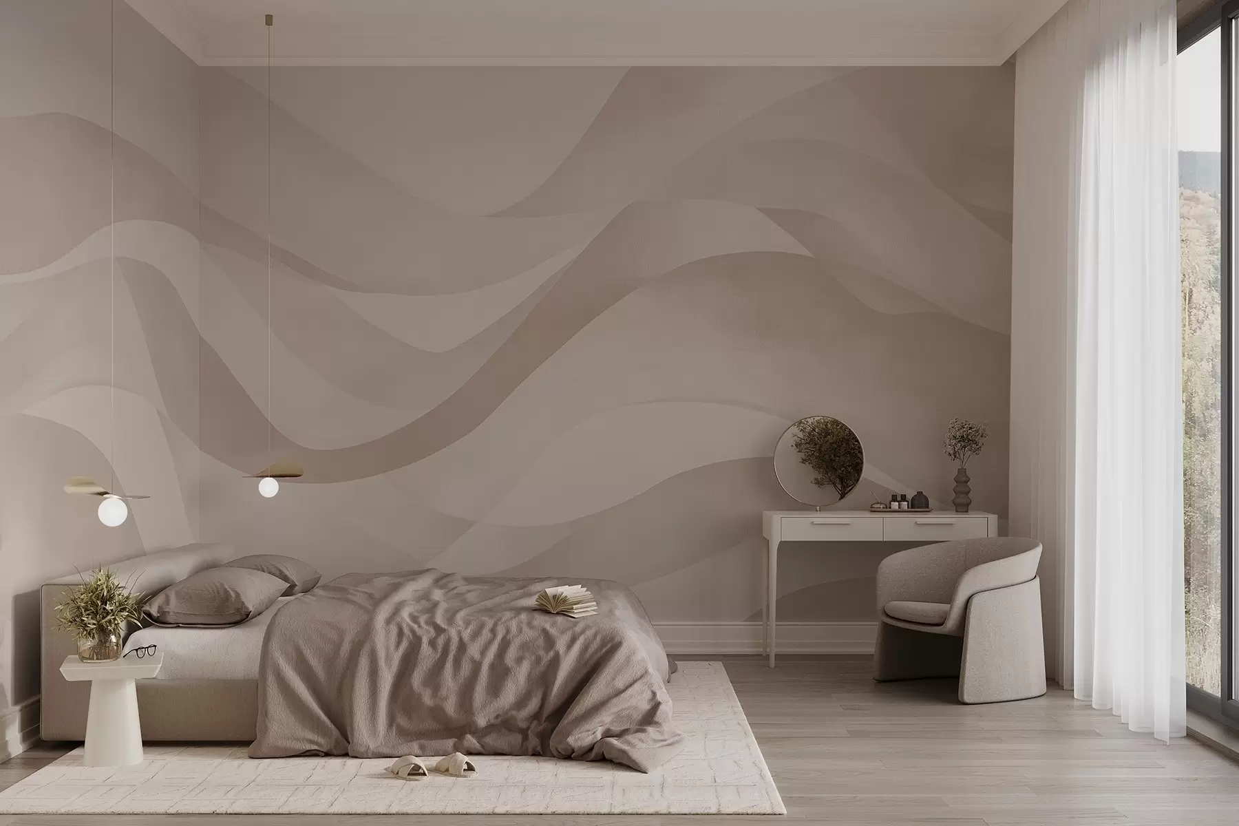 wall murals Smooth waves in soft beige tones in watercolor style w08564