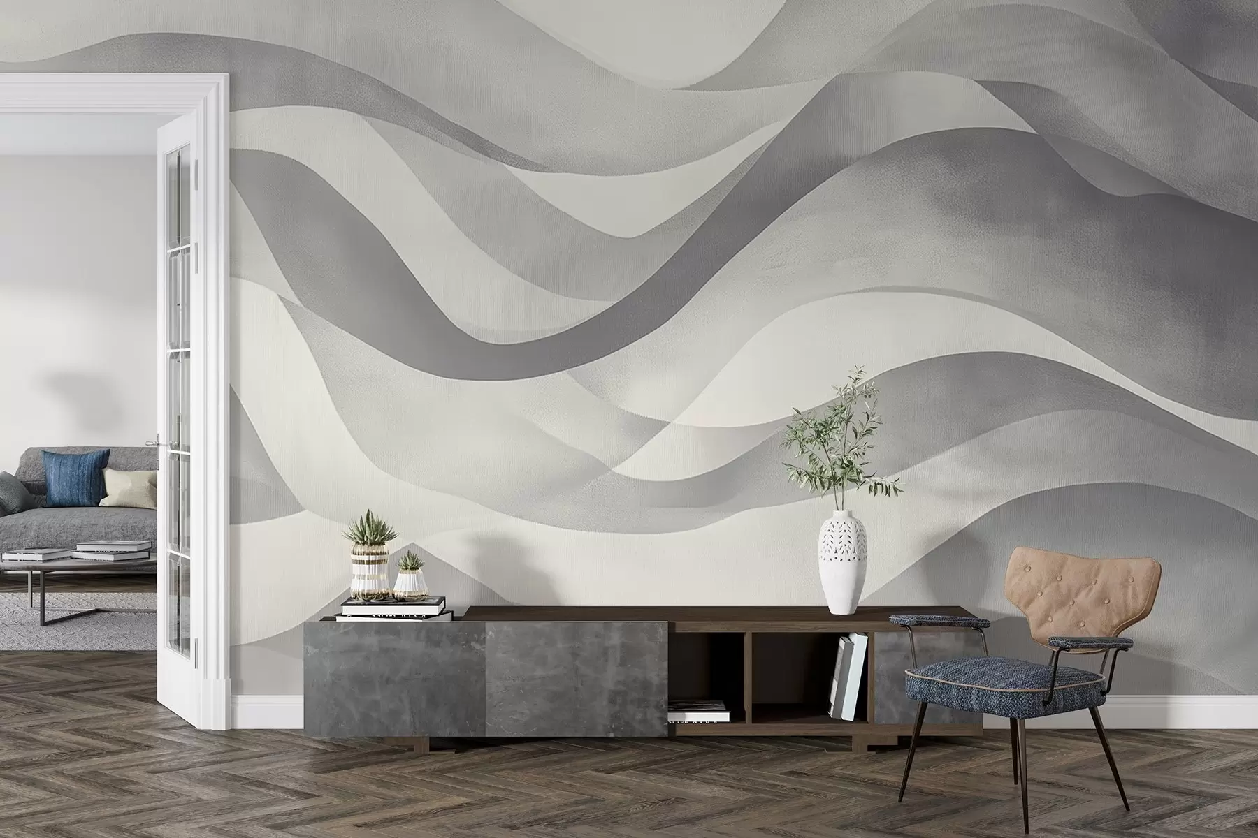 wall murals Smooth waves in gray-blue tones in watercolor style w08564v1