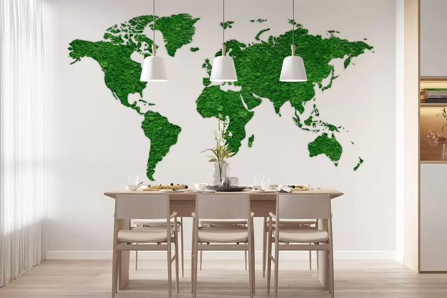 wall murals World map with moss, nature, green color palette w02657