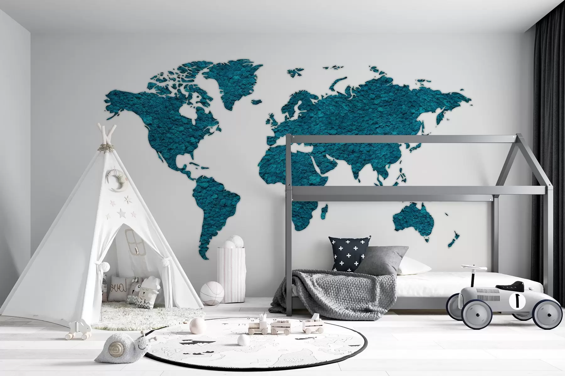 wall murals World map with moss, nature, blue color palette w02657v1