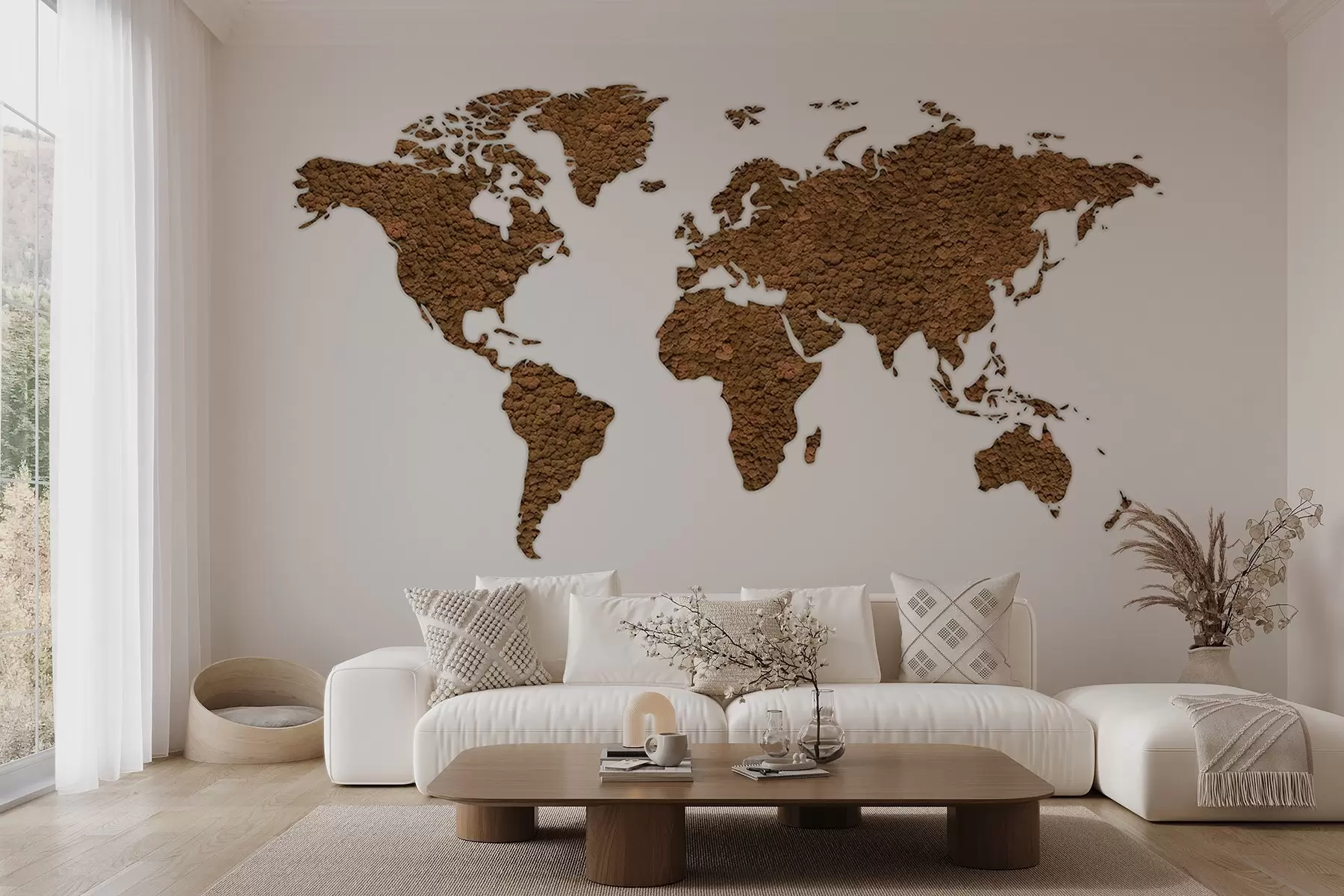 wall murals World map with moss, nature, beige color palette w02657v4
