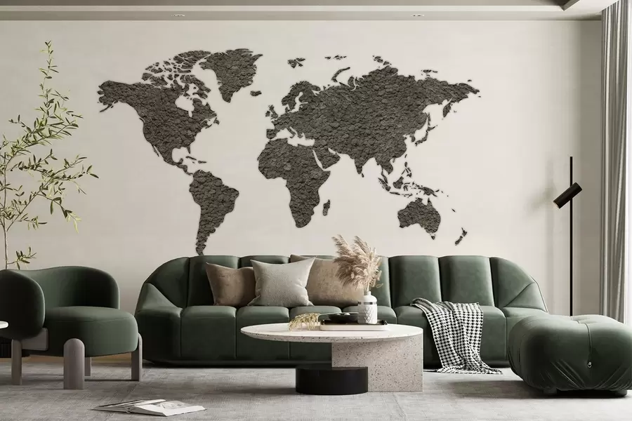 wall murals World map with moss, nature, grey color palette w02657v6