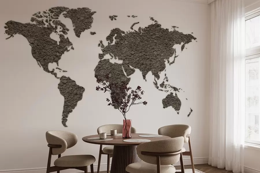 wall murals World map with moss, nature, grey color palette w02657v6