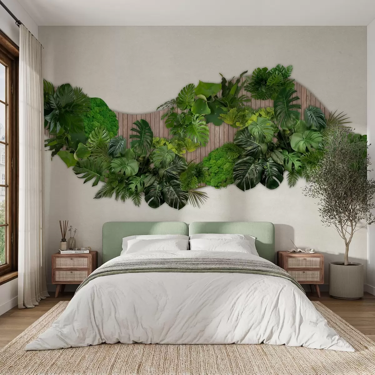 wall murals Floral panel with palm leaves, moss and wooden background w02717