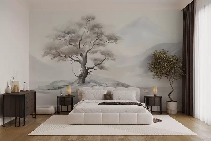 wall murals A minimalistic drawing of a lone, twisted tree in a desolate, rocky landscape with mountains in the background w08604
