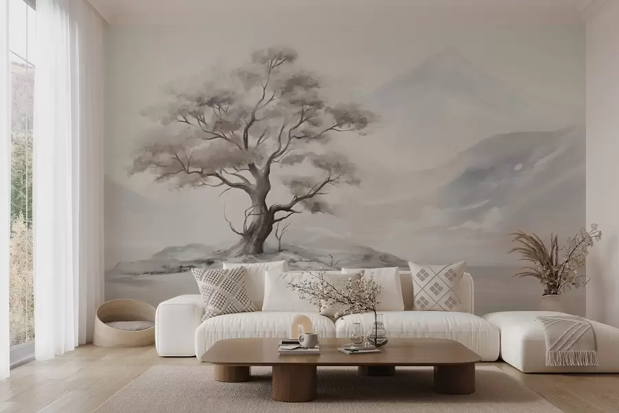 wall murals A minimalistic drawing of a lone, twisted tree in a desolate, rocky landscape with mountains in the background w08604