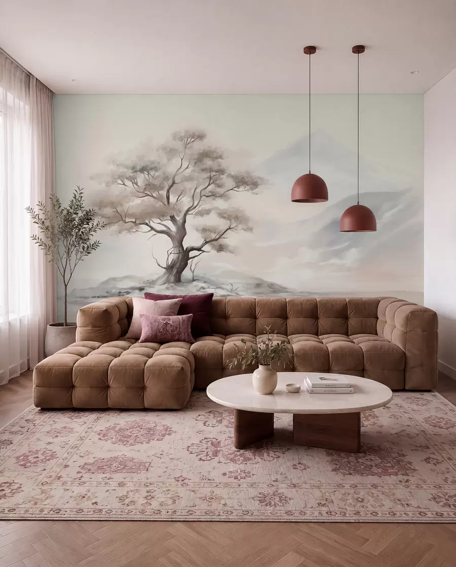 wall murals A minimalistic drawing of a lone, twisted tree in a desolate, rocky landscape with mountains in the background w08604