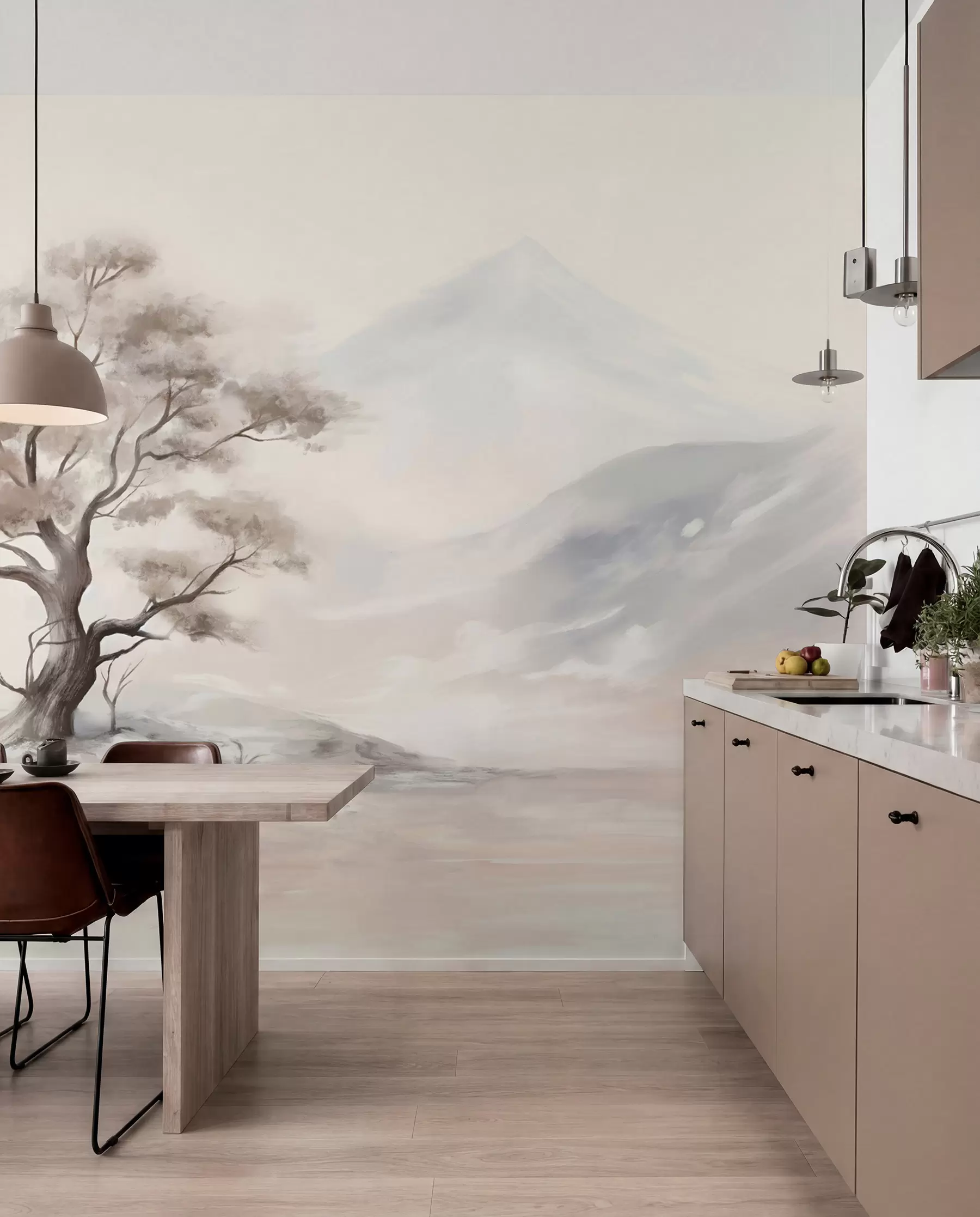 wall murals A minimalistic drawing of a lone, twisted tree in a desolate, rocky landscape with mountains in the background w08604