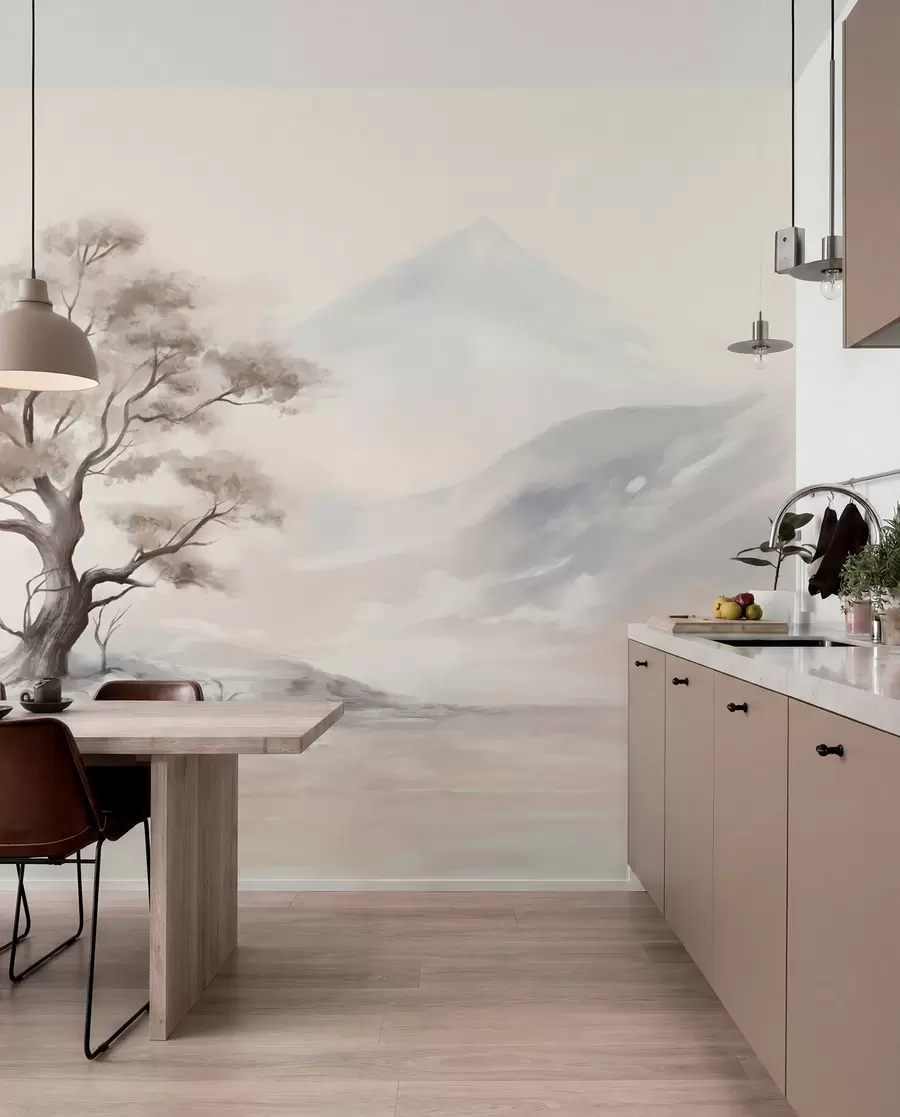 wall murals A minimalistic drawing of a lone, twisted tree in a desolate, rocky landscape with mountains in the background w08604