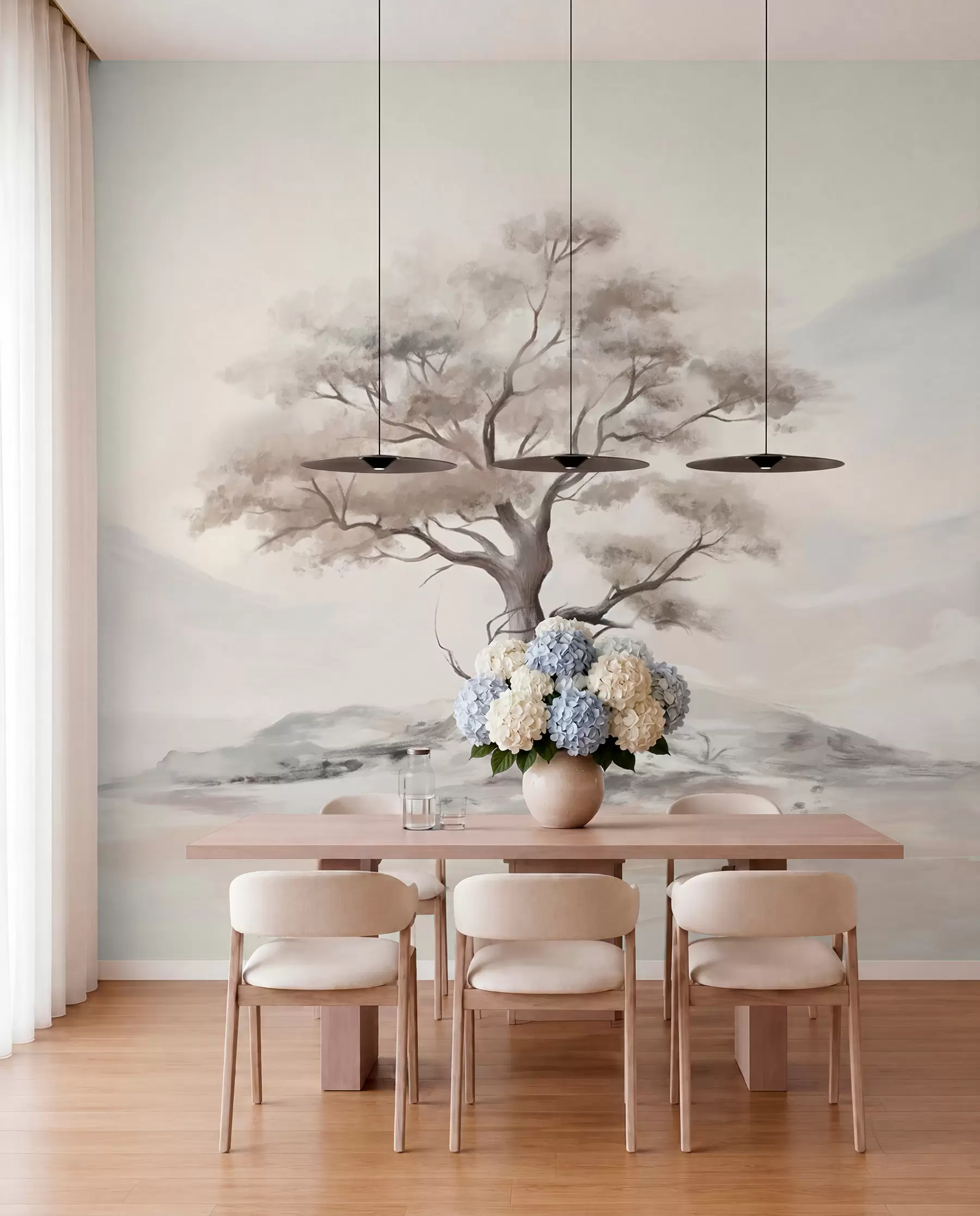 wall murals A minimalistic drawing of a lone, twisted tree in a desolate, rocky landscape with mountains in the background w08604