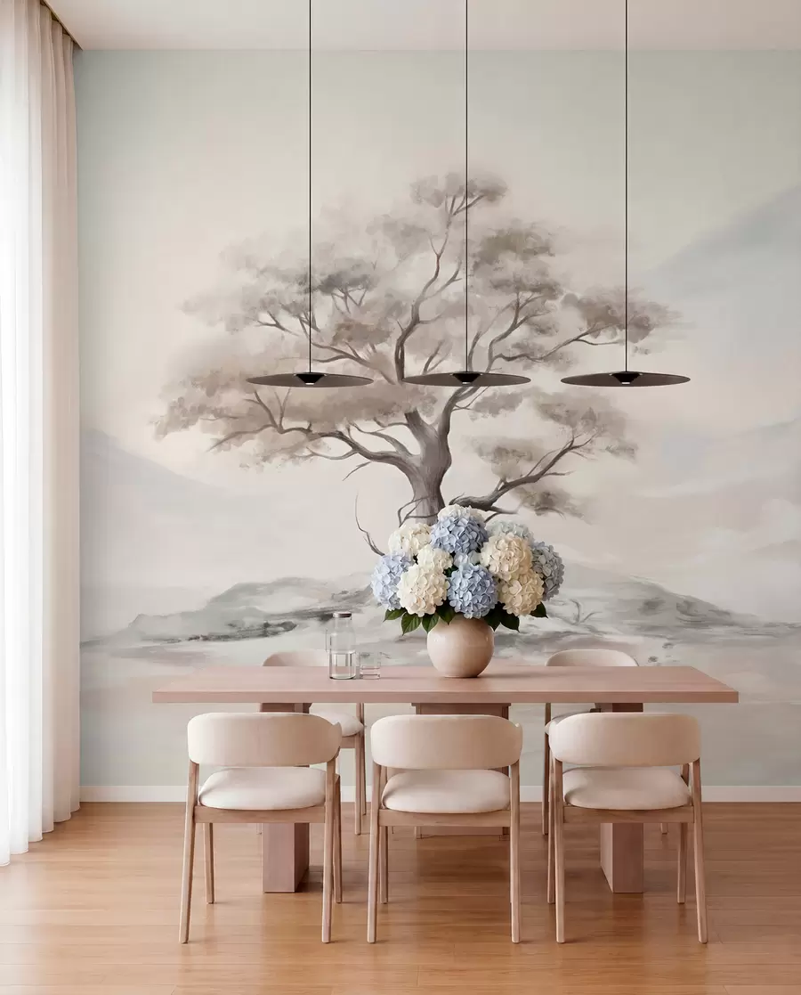 wall murals A minimalistic drawing of a lone, twisted tree in a desolate, rocky landscape with mountains in the background w08604