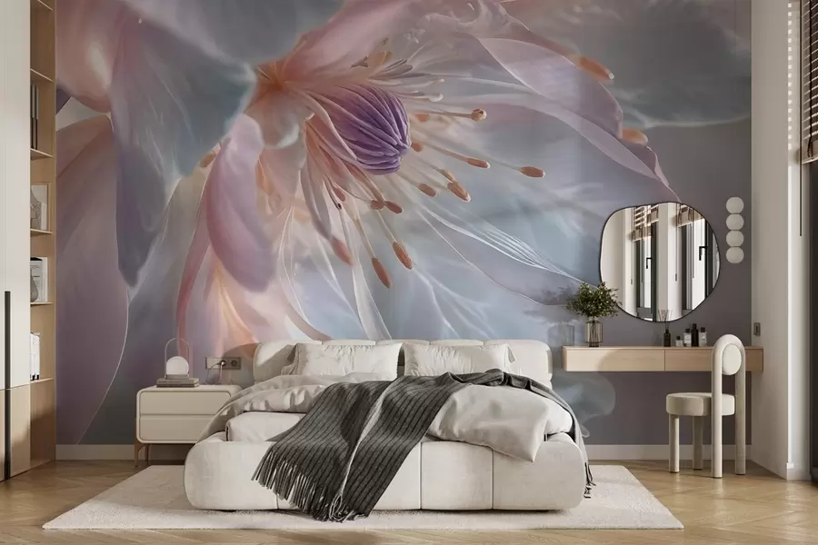 wall murals A close-up of a delicate, pastel-colored flower with soft, translucent petals and a vibrant center w08605