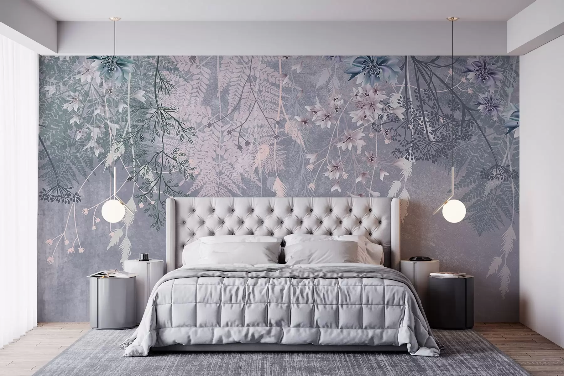 wall murals A dreamy, delicate, wispy plants, spikelets and flowers in blue pastel colors against a hazy, textured background w08606