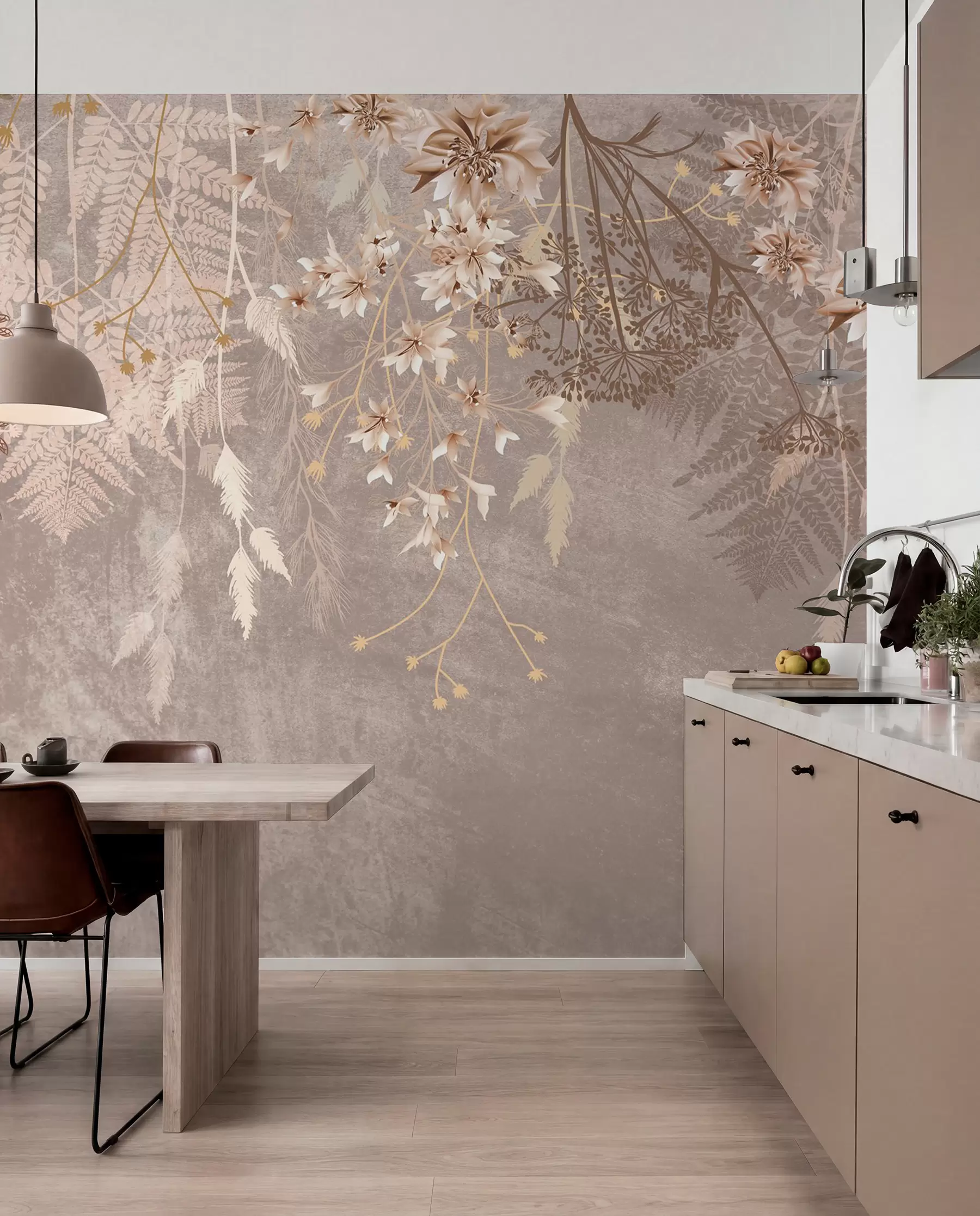 wall murals A dreamy, delicate, wispy plants, spikelets and flowers in brown pastel colors against a hazy, textured background w08606v1
