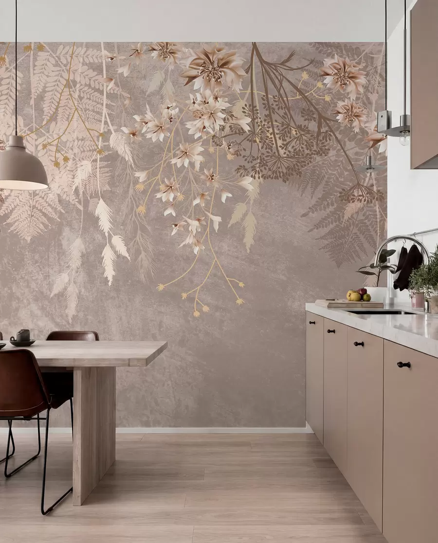 wall murals A dreamy, delicate, wispy plants, spikelets and flowers in brown pastel colors against a hazy, textured background w08606v1