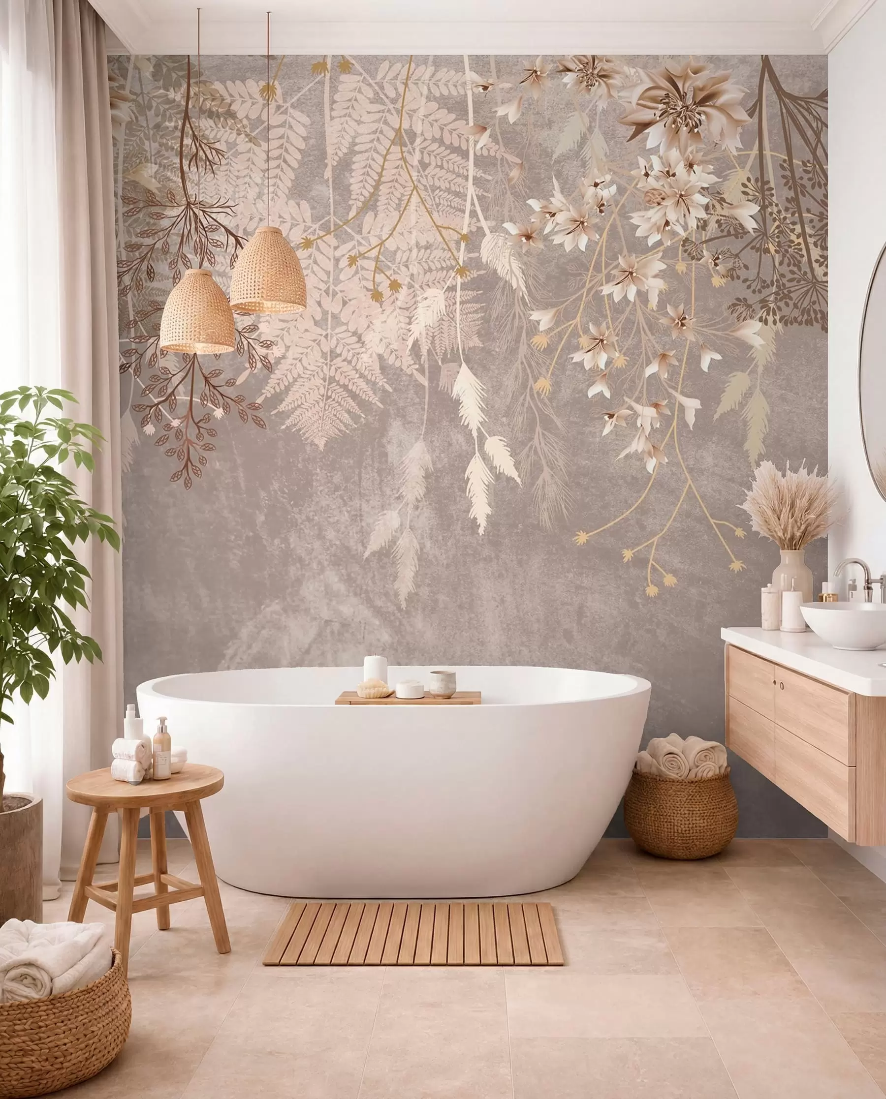 wall murals A dreamy, delicate, wispy plants, spikelets and flowers in brown pastel colors against a hazy, textured background w08606v1