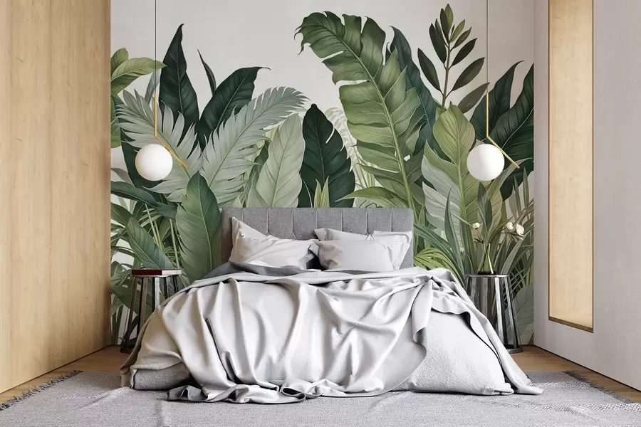 wall murals Tropical foliage with various large green leaves, including banana leaves, palm leaves, and other exotic plant species w08609