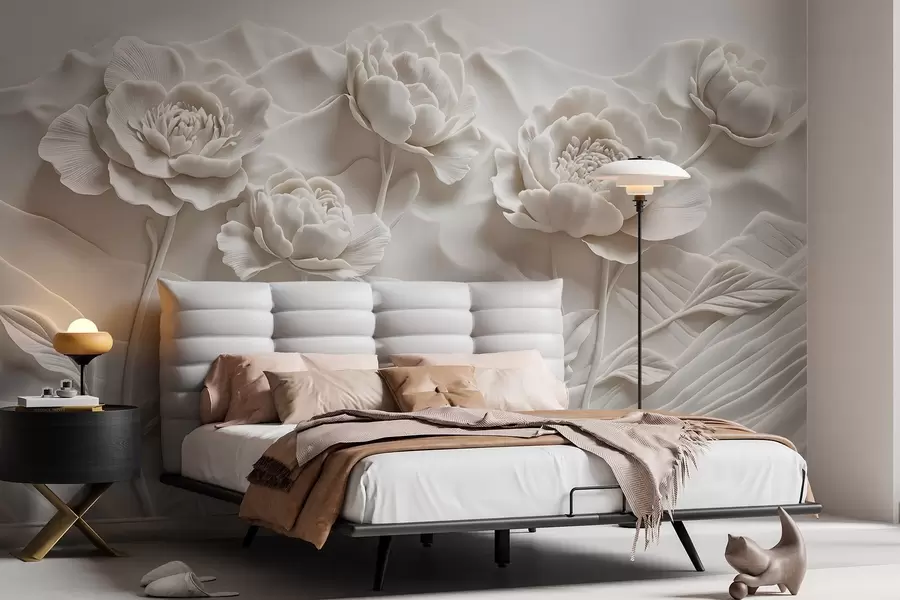 wall murals A white floral imitation of relief sculpture with large, detailed peony flowers against a plain background w08612
