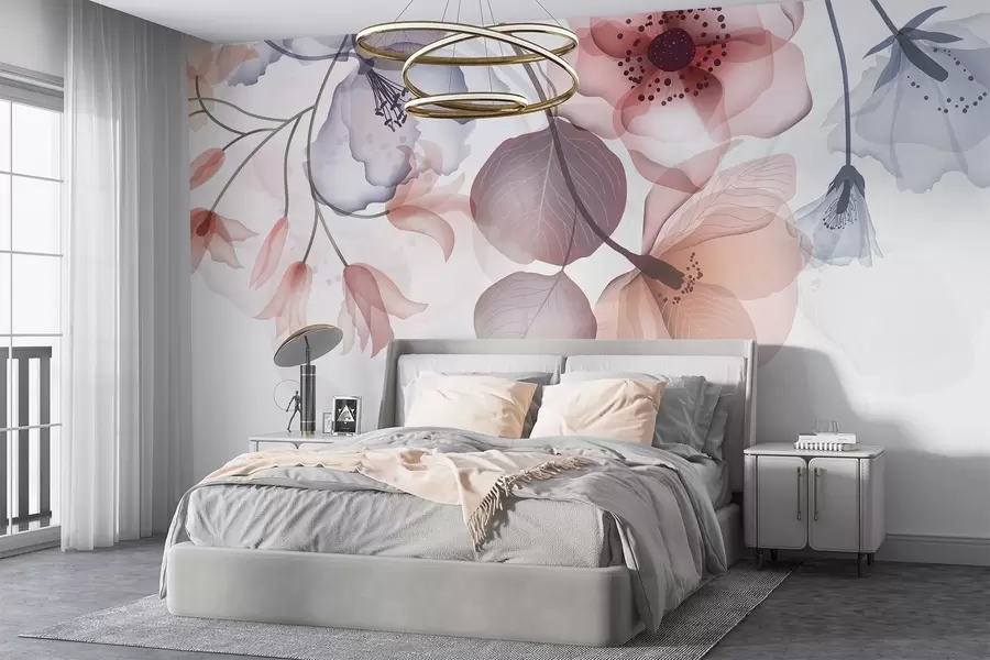 wall murals Delicate pink and gray translucent flowers with soft petals and dark centers, against a light background w08613