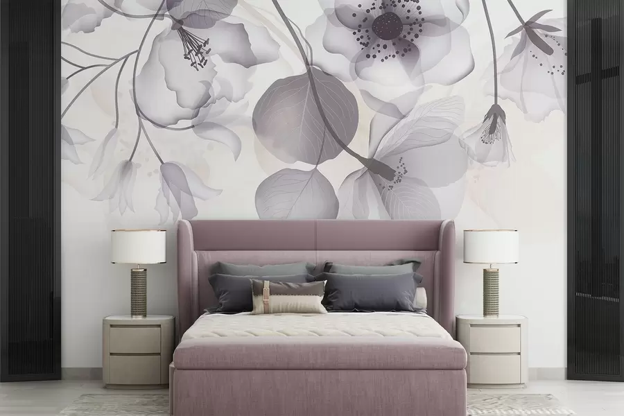 wall murals Delicate gray and beige translucent flowers with soft petals and dark centers, against a light background w08613v2