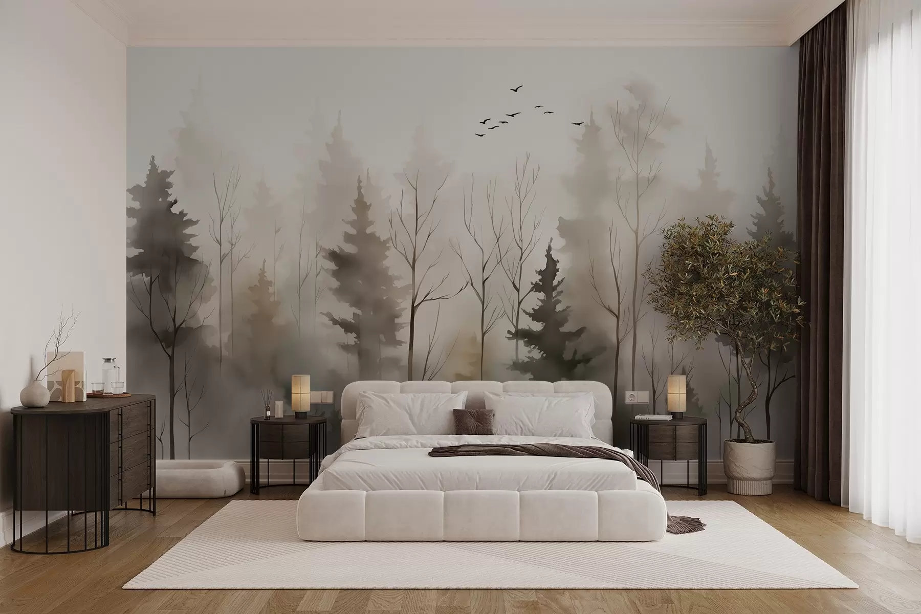 wall murals Silhouettes of firs and trees imitation of wet watercolor w02721