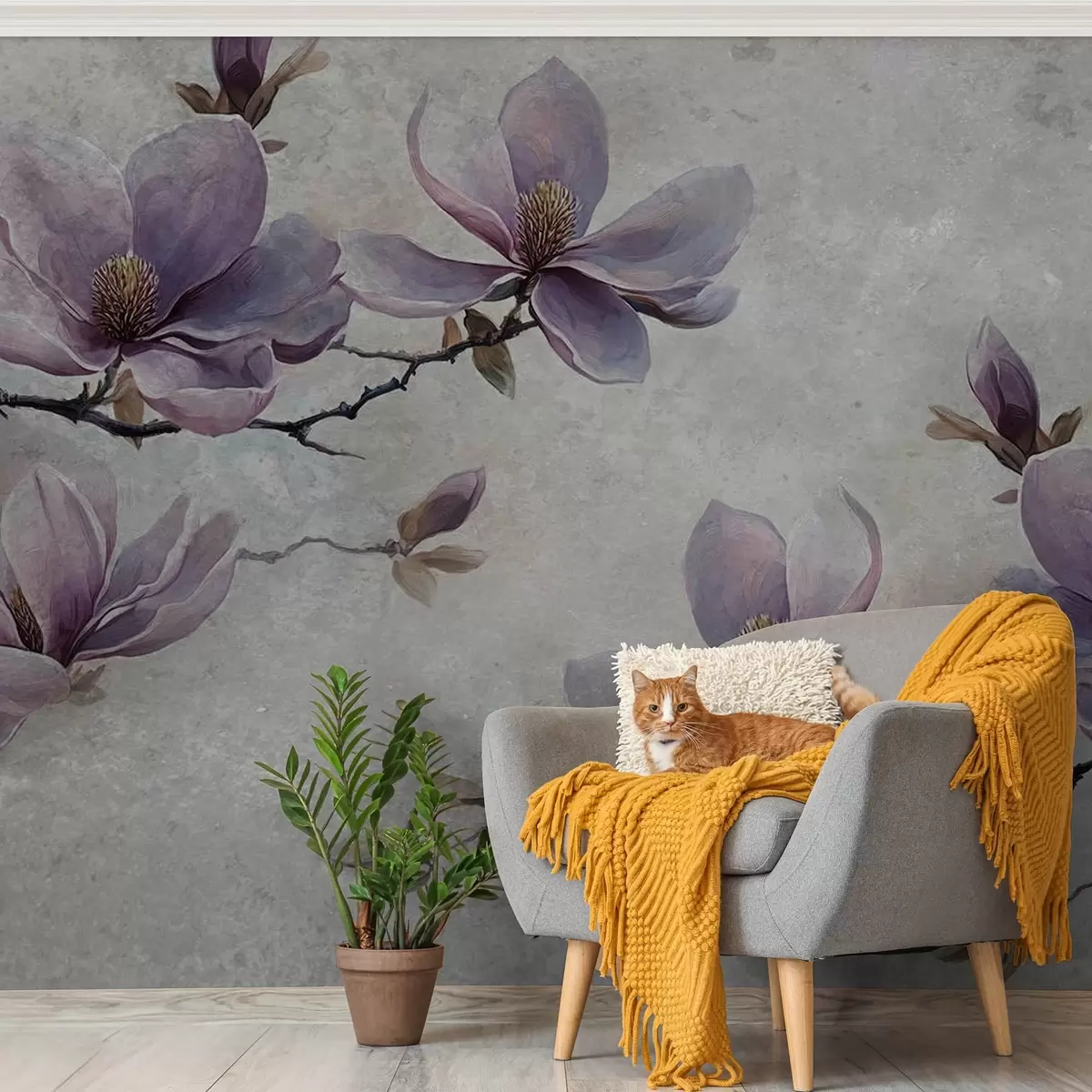 wall murals Magnolia branches on watercolor gray background w08624