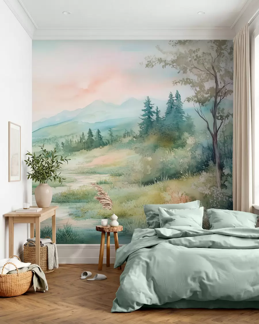wall murals watercolor landscape with a path and mountains w02764