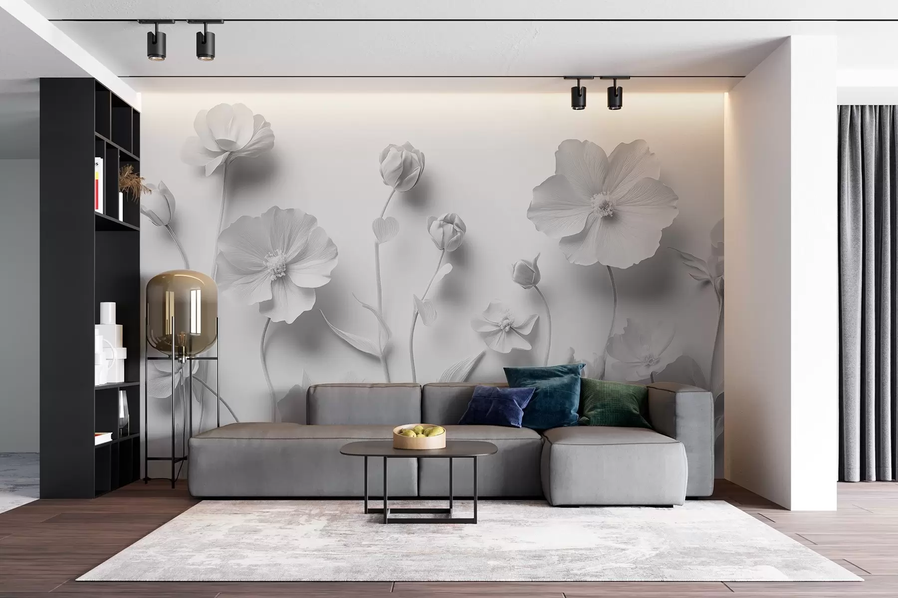 wall murals Grey wildflowers and poppies in stucco style w08630