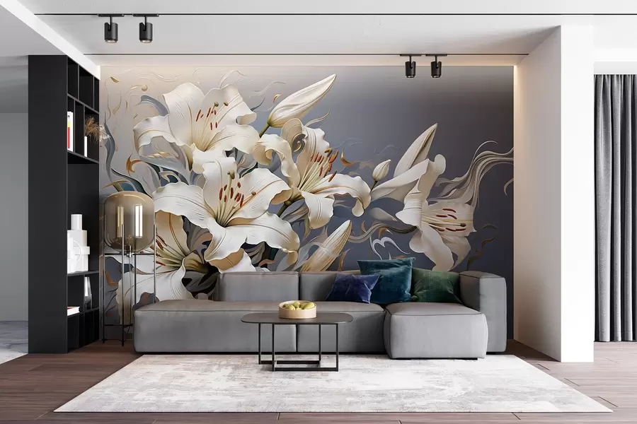 wall murals Sophisticated white lilies on a grey-blue background w08633