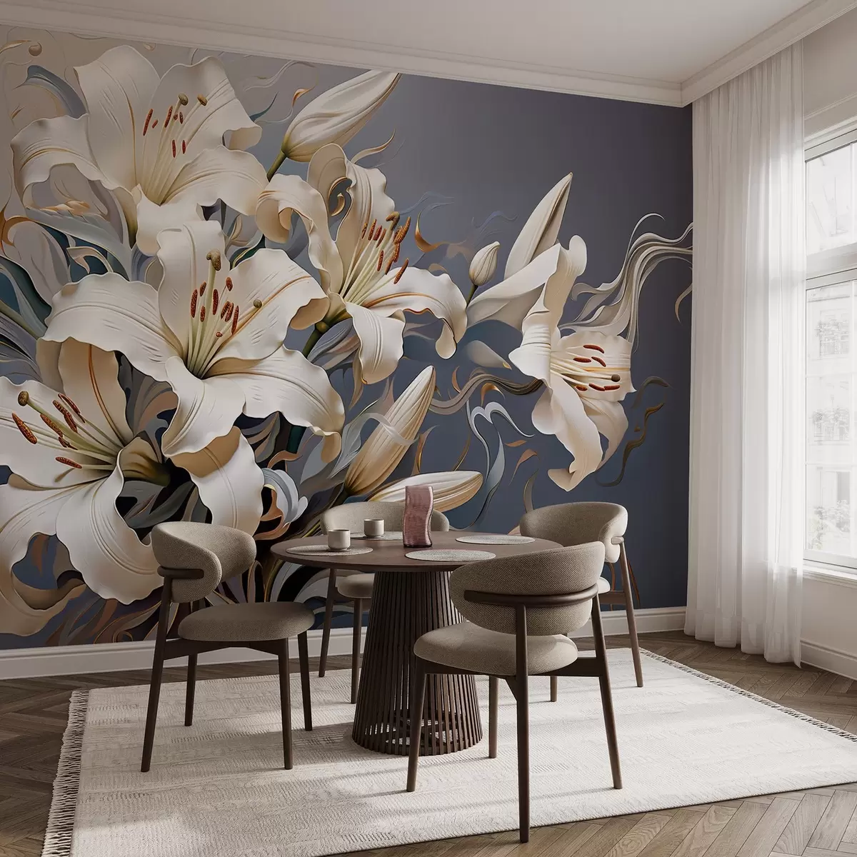 wall murals Sophisticated white lilies on a grey-blue background w08633