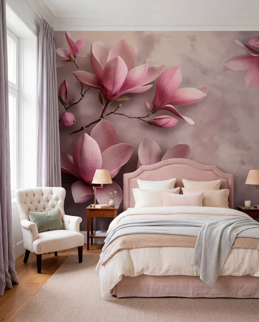 wall murals Delicate pink magnolias on a concrete wall w08636