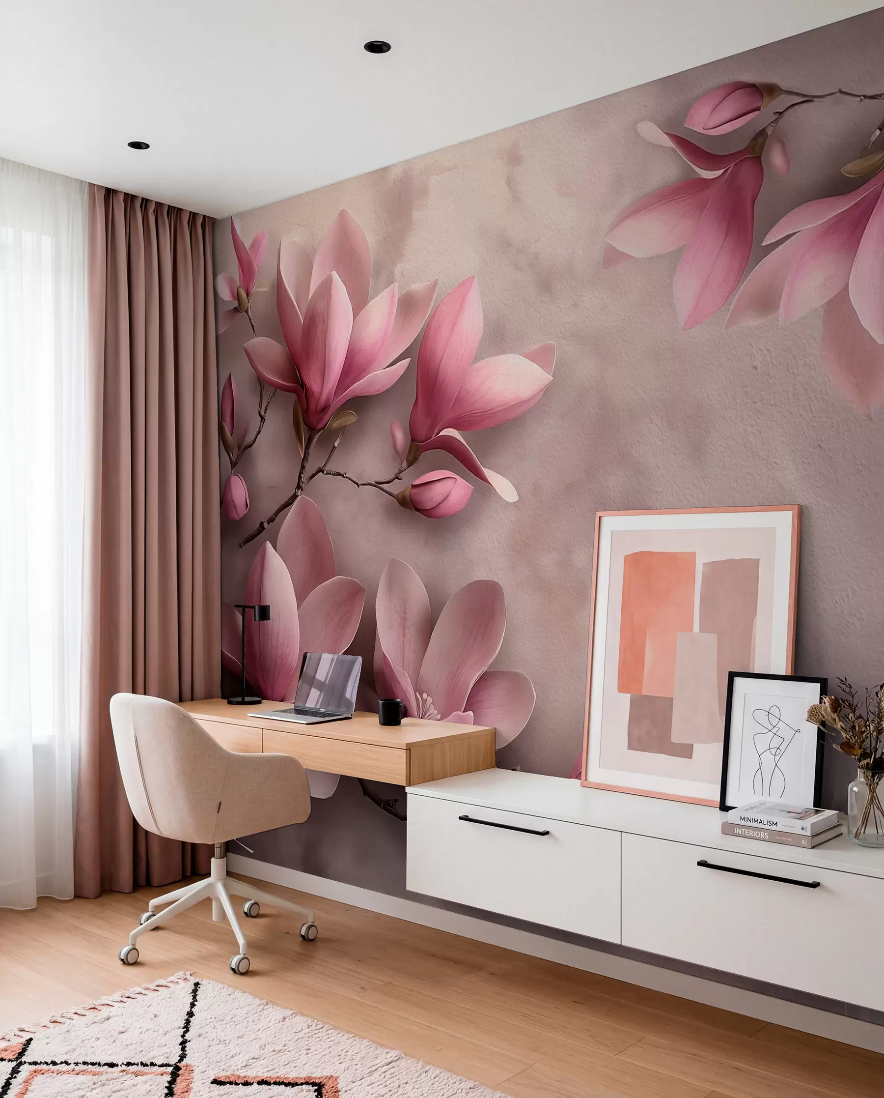 wall murals Delicate pink magnolias on a concrete wall w08636