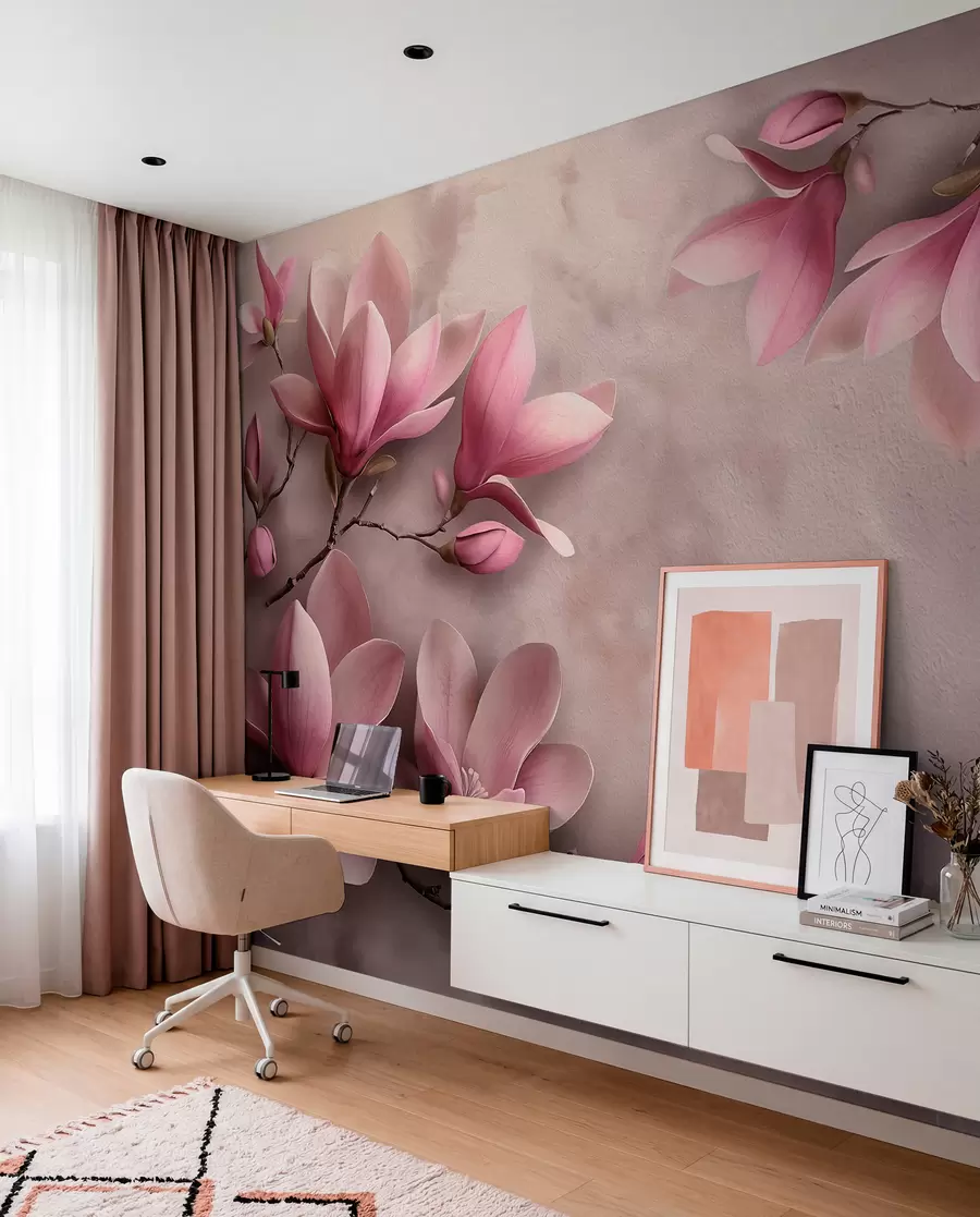 wall murals Delicate pink magnolias on a concrete wall w08636