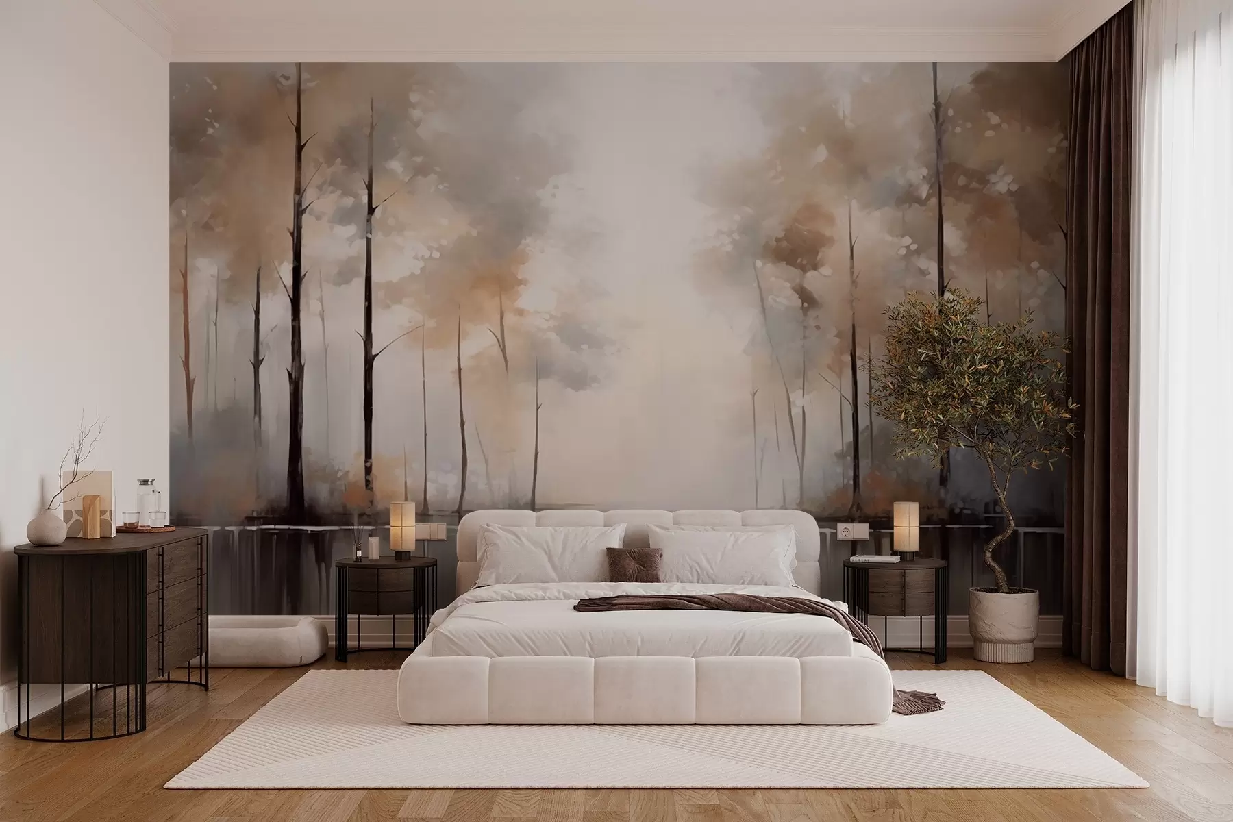 wall murals Foggy forest by the pond w02758