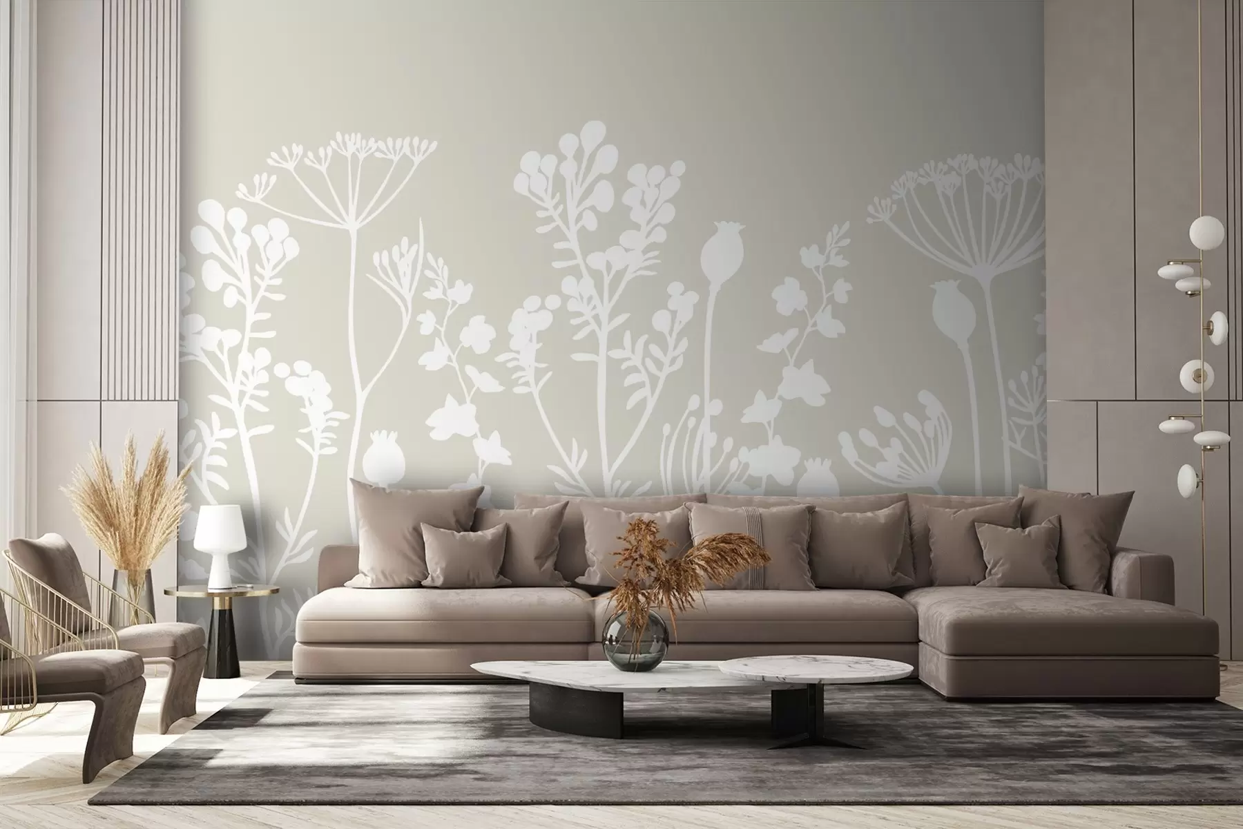 wall murals white silhouettes of flowers on a beige background w02809v2